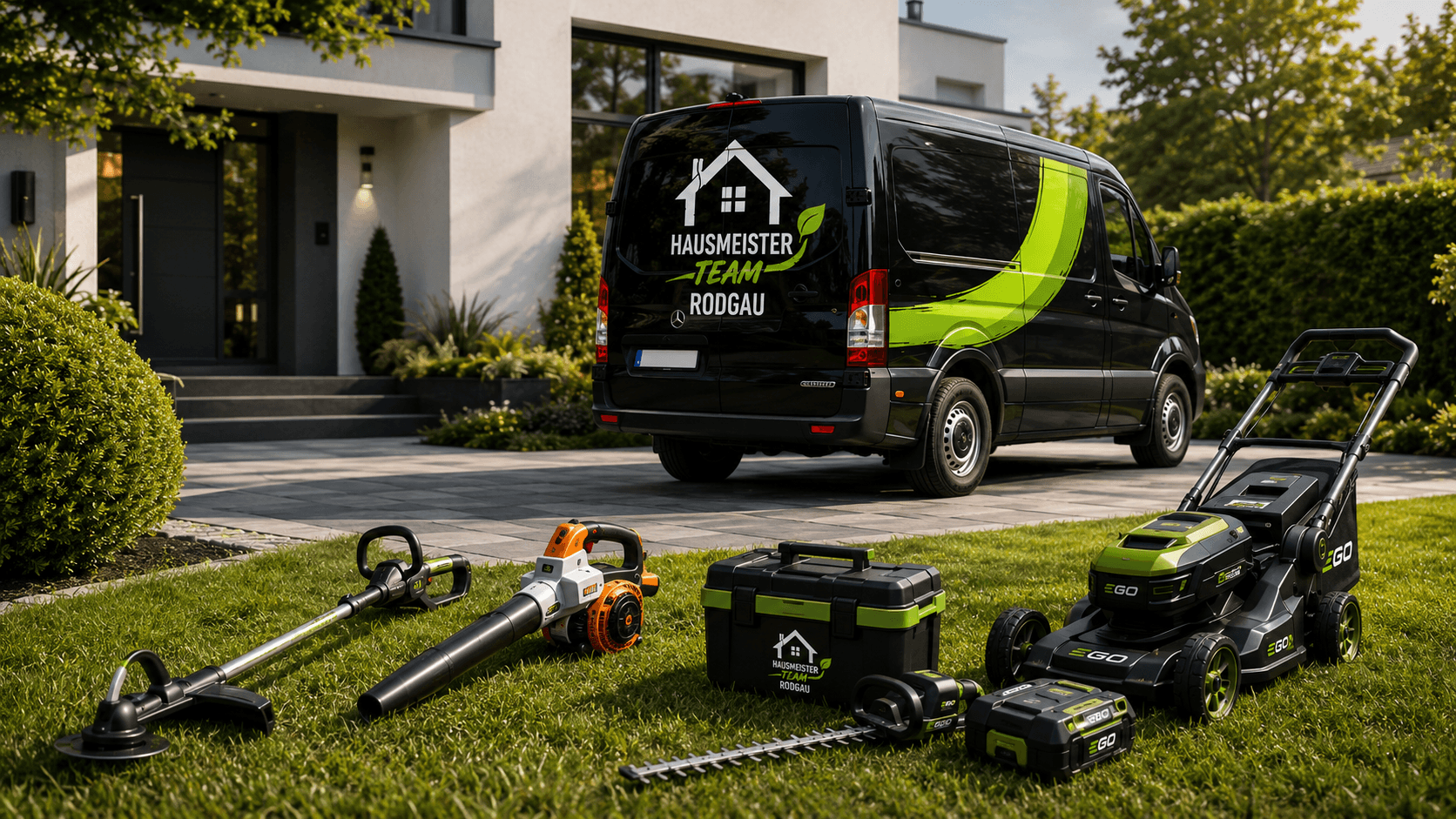 Fahrzeug und Geräte des Hausmeister Team Rodgau an einer Wohnanlage